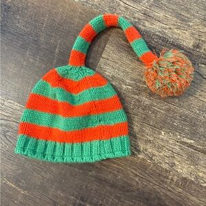 Striped Knit Elf Hat with Pom - Green & Orange - Kids